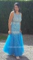Blue Mermaid Tulle Round Neck Natural Rhinestone Evening Dress